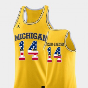 College Basketball Yellow #14 Rico Ozuna-Harrison Michigan Jersey USA Flag Men's 247818-162